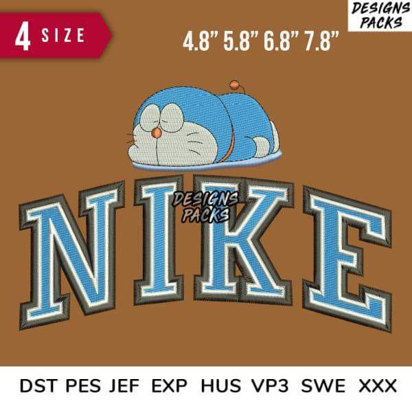 Embroidery design featuring Doraemon sleeping on Nike logo, available in multiple sizes and formats.