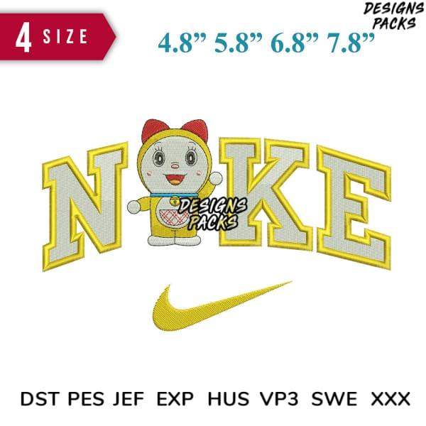 Embroidery design featuring cartoon cat with 'NIKE' lettering and swoosh, available in multiple sizes and formats