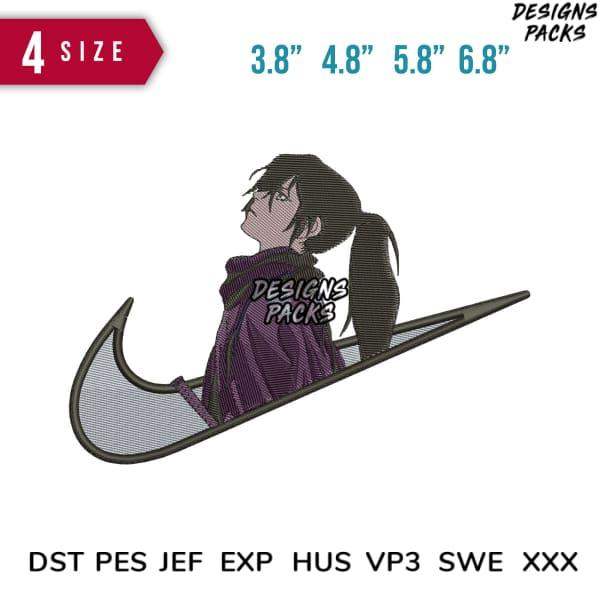 Embroidery design of anime character in Nike swoosh, available in multiple sizes and formats