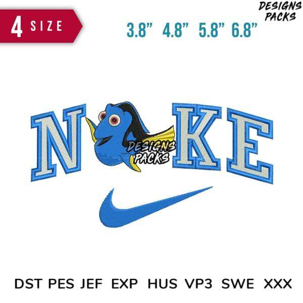 Dory fish embroidery design with Nike-style lettering, 4 sizes, PES DST formats for machine embroidery