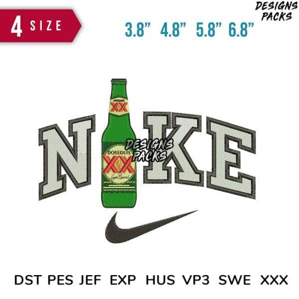 Embroidery design featuring beer bottle in 'NIKE' text with 4 sizes, DST PES formats for instant download