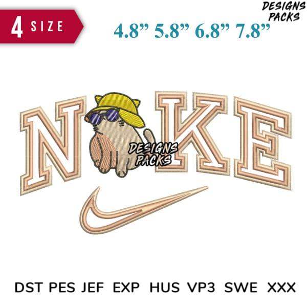 Embroidery design featuring cat in hat & sunglasses with 'NIKE' lettering, 4 sizes, PES DST formats