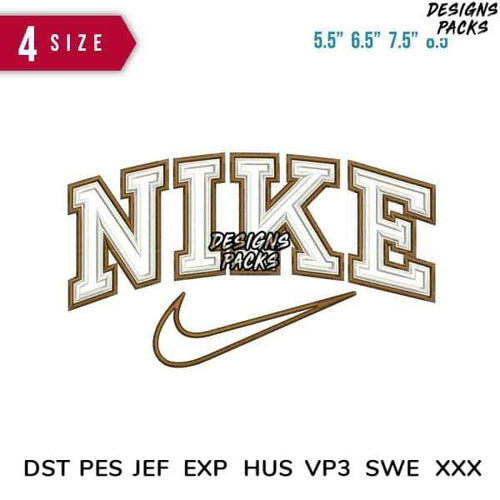 Nike-style arched logo embroidery design in 4 sizes, compatible with DST PES JEF formats for instant download