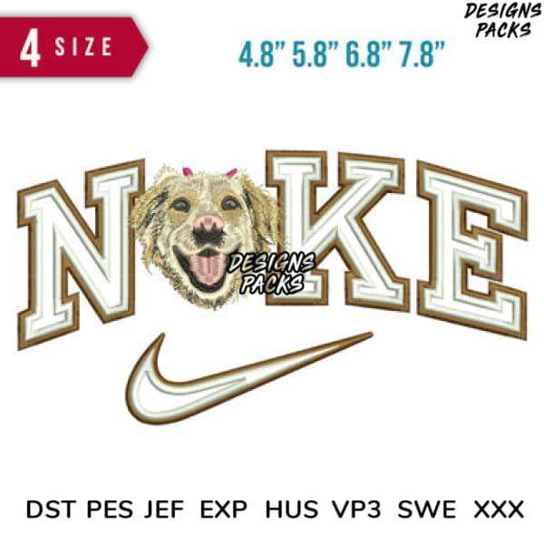 Embroidery design with dog face in 'NOKE' text, Nike swoosh, 4 sizes, DST PES formats