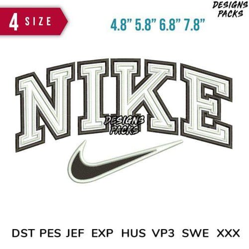 Nike varsity-style embroidery design with 4 sizes, compatible with DST PES JEF formats for instant download