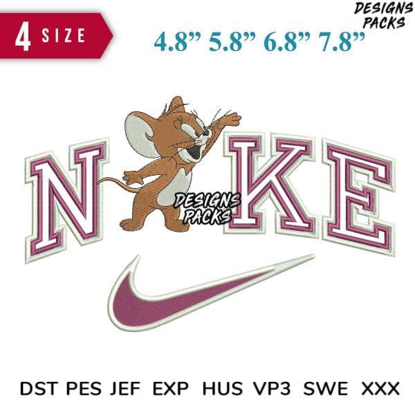 Embroidery design featuring Jerry Mouse with 'NIKE' text and swoosh, available in multiple sizes and formats