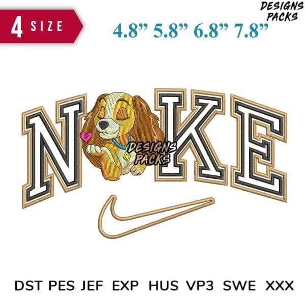 Embroidery design featuring a cute dog with 'NOKE' text and Nike swoosh, available in multiple sizes and formats.