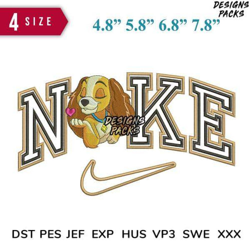 Embroidery design featuring a cute dog with 'NOKE' text and Nike swoosh, available in multiple sizes and formats.