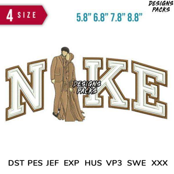 Embroidery design featuring 'NIKE' text with a couple in coats, available in multiple sizes and formats