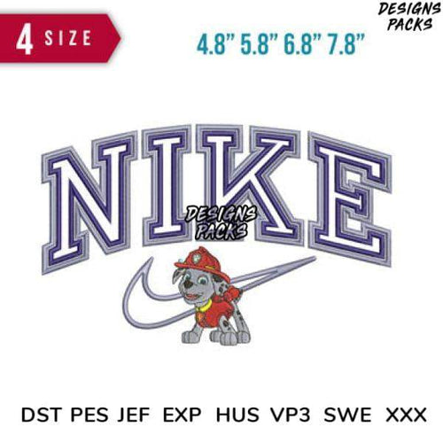 Embroidery design featuring Nike-style text with Paw Patrol character, available in multiple sizes and formats.