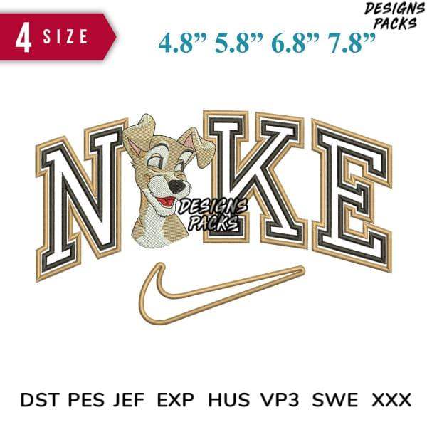 Embroidery design featuring cartoon dog with 'NIKE' lettering and swoosh, available in 4 sizes, DST PES formats
