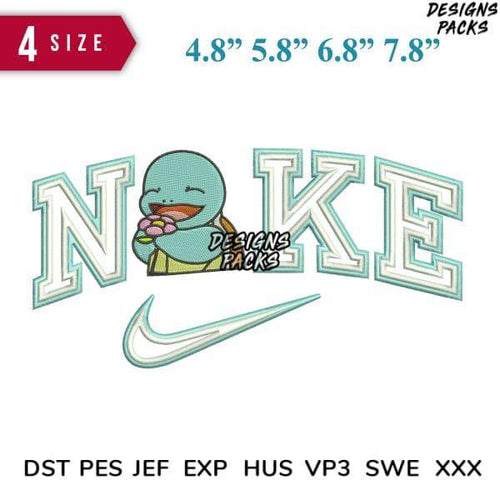 Embroidery design with 'NOKE' text, cartoon character, and swoosh logo in multiple sizes and formats