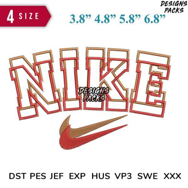 Nike wordmark and swoosh embroidery design in red and gold, available in 4 sizes and multiple file formats.