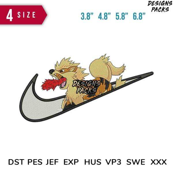 Embroidery design of a fierce fox in a swoosh, available in multiple sizes and formats.