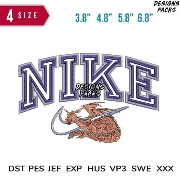 Embroidery design featuring Nike-style text with dragon, available in multiple sizes and formats