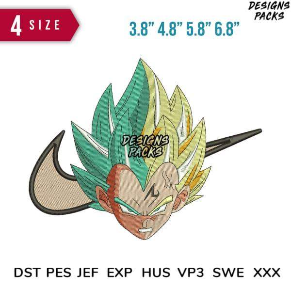 Dragon Ball Super Saiyan Vegeta embroidery design in 4 sizes, compatible with DST PES JEF formats for machine embroidery.