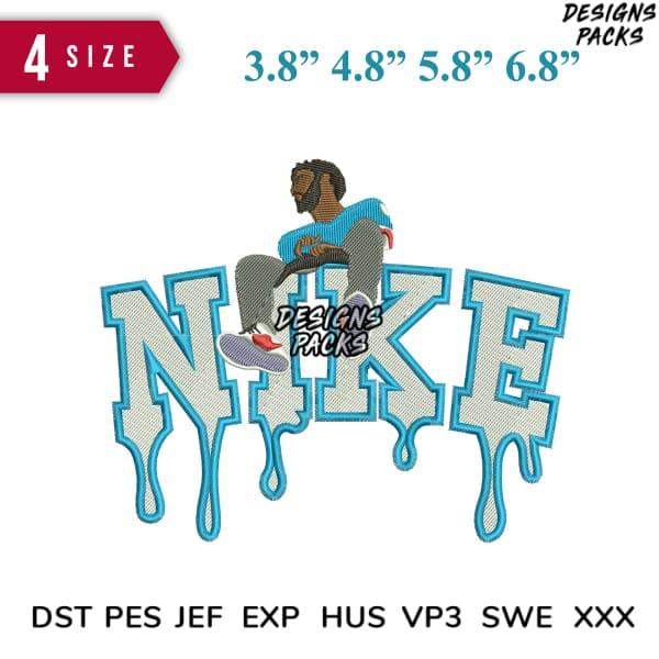 Embroidery design of skater on dripping Nike-style logo, 4 sizes, DST PES JEF formats