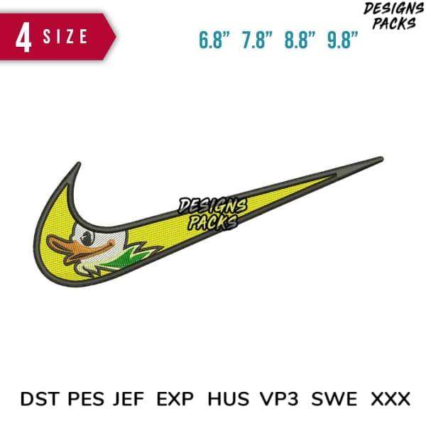 Embroidery design featuring a duck in a Nike swoosh, available in multiple sizes and formats.