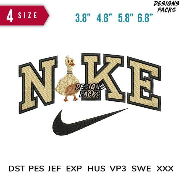 Embroidery design featuring 'NAKE' text with duck, Nike swoosh, available in multiple sizes and formats
