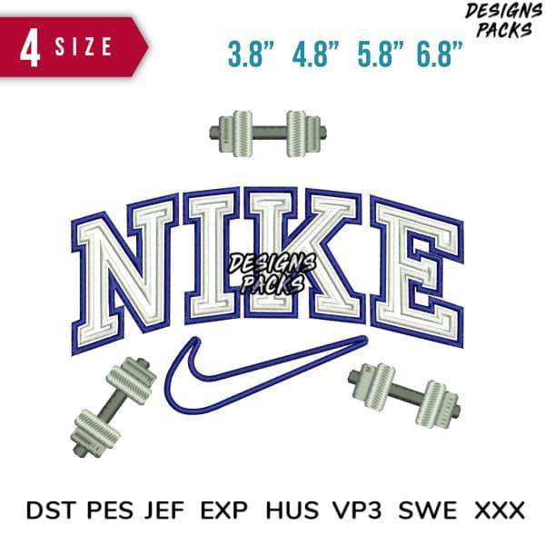 Nike gym logo embroidery design with dumbbells, 4 sizes, PES DST formats for instant download