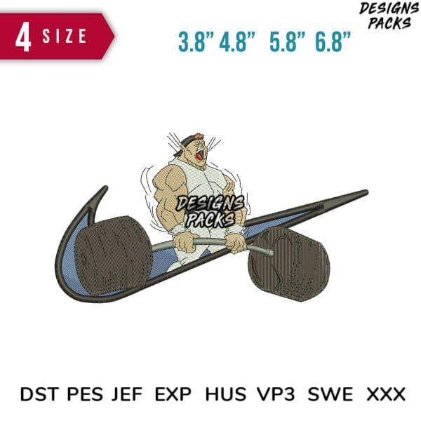 Embroidery design of muscular man lifting barbell, available in multiple sizes and formats