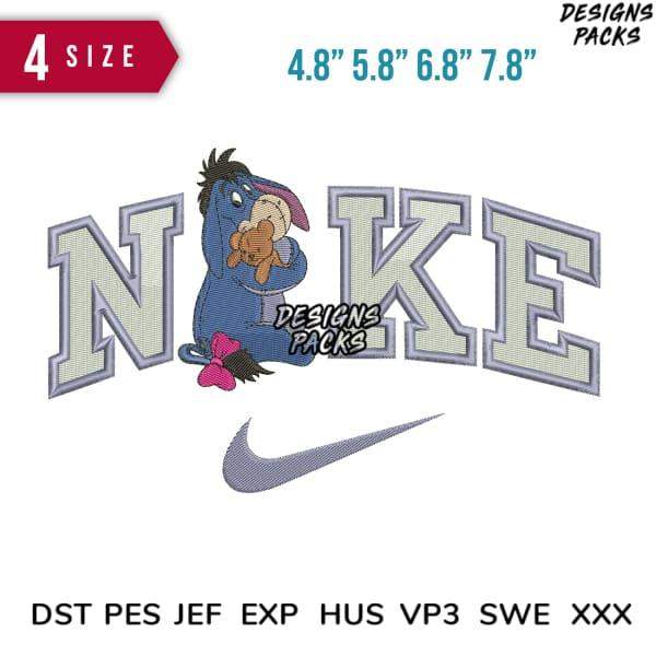 Eeyore with 'NOKE' text and Nike swoosh, embroidery design in multiple sizes and formats
