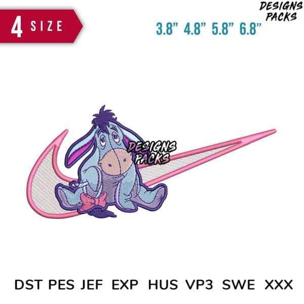 Eeyore embroidery design with pink swoosh, available in multiple sizes and formats