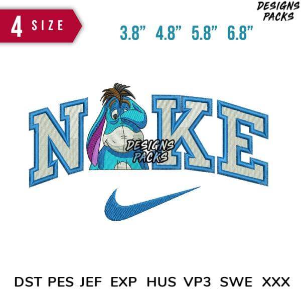 Eeyore in Nike-style embroidery design, 4 sizes, DST PES JEF formats for DTG/DTF printing