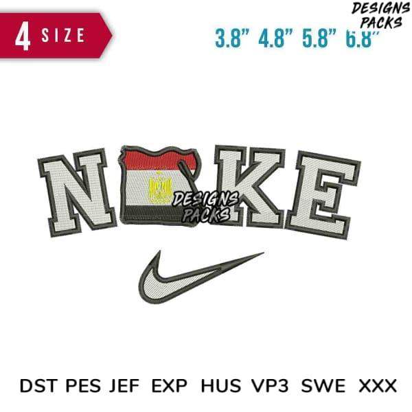 Embroidery design with Egypt flag in 'NIKE' text and swoosh, 4 sizes, DST PES formats