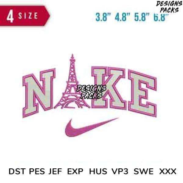 Pink Eiffel Tower design with NAKE text, Nike swoosh, available in multiple embroidery formats