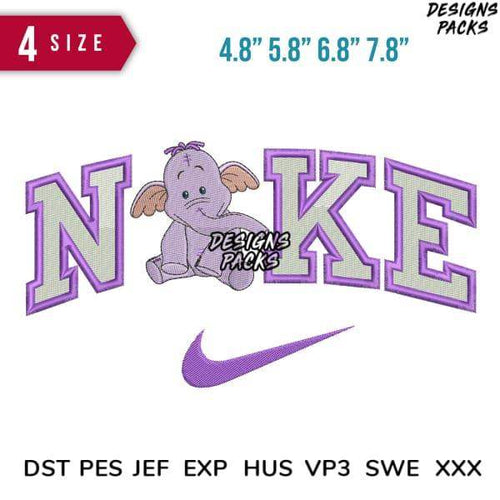 Purple elephant embroidery design with 'NIKE' lettering and swoosh, 4 sizes, DST PES JEF formats