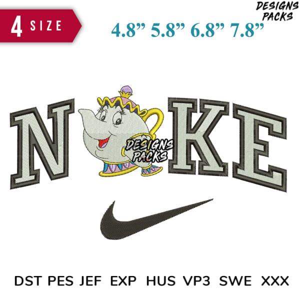 Embroidery design with teapot character, bold letters, and Nike swoosh in 4 sizes, DST PES formats