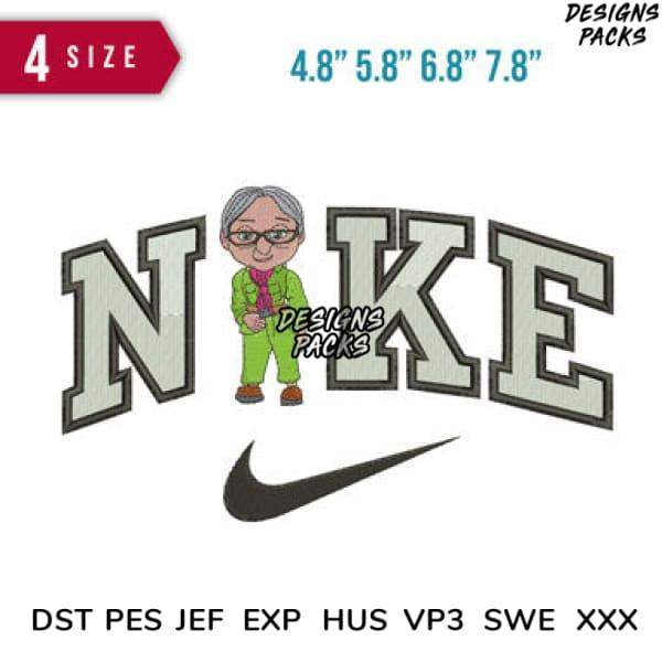 Embroidery design featuring cartoon character in green suit with 'NIKE' lettering and swoosh, available in multiple sizes and formats