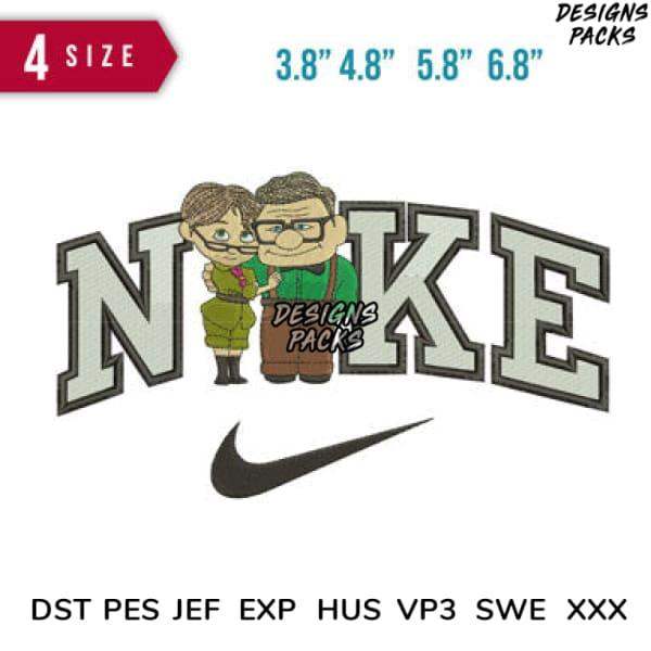 Embroidery design featuring cartoon couple with 'NIKE' lettering, available in multiple sizes and formats