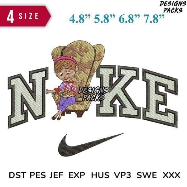Embroidery design featuring girl in chair with Nike-style lettering, 4 sizes, DST PES formats for instant download