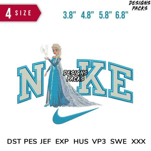 Elsa embroidery design with Nike logo, 4 sizes, DST PES JEF formats for machine embroidery