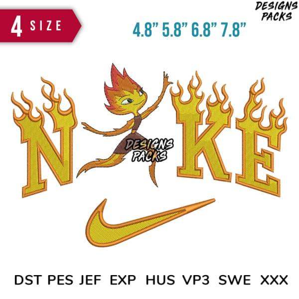 Flame-themed Nike-style embroidery design with 4 sizes, DST PES formats, instant download