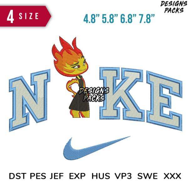 Embroidery design featuring flame character with 'NIKE' text and swoosh, available in multiple sizes and formats