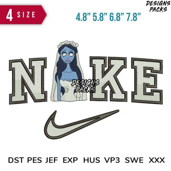 Embroidery design featuring 'NAKE' with bride graphic, Nike swoosh, 4 sizes, DST PES JEF formats
