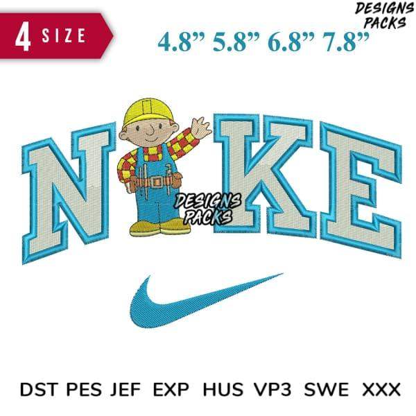 Embroidery design featuring cartoon builder with 'NIKE' text and swoosh, available in multiple sizes and formats