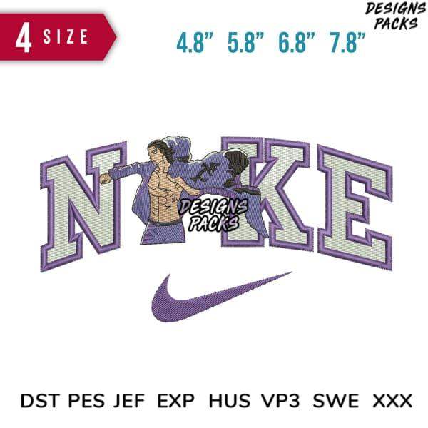 Embroidery design featuring bold 'NIKE' text with character, available in multiple sizes and formats.