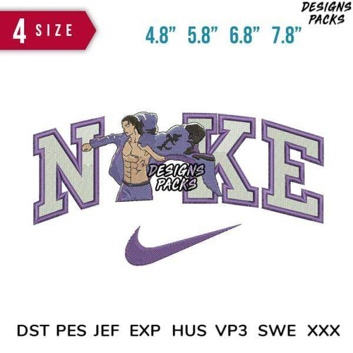 Embroidery design featuring bold 'NIKE' text with character, available in multiple sizes and formats.