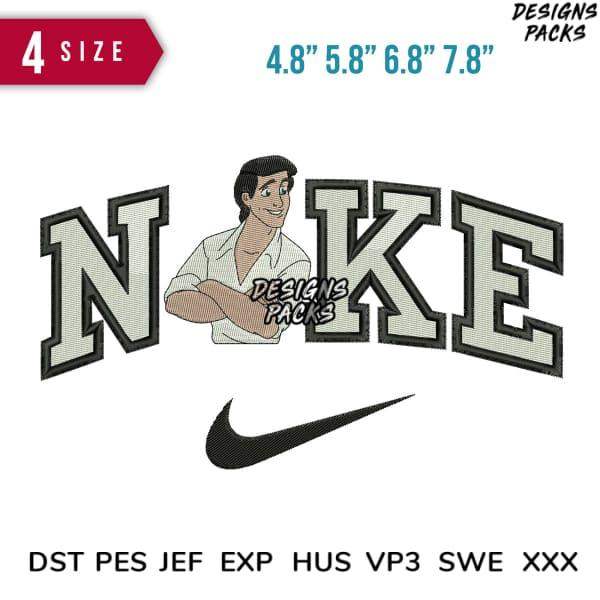 Embroidery design featuring 'NIKE' lettering with swoosh, available in multiple sizes and formats for instant download.