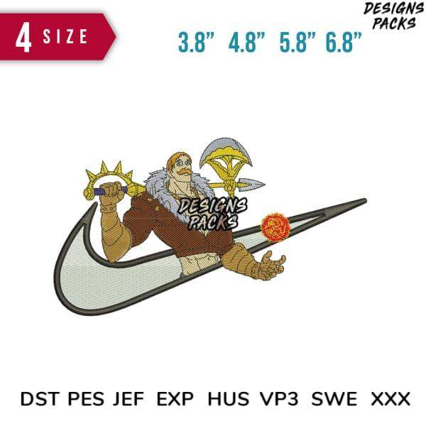 Embroidery design of Viking warrior with spear inside Nike swoosh, available in 4 sizes and multiple formats