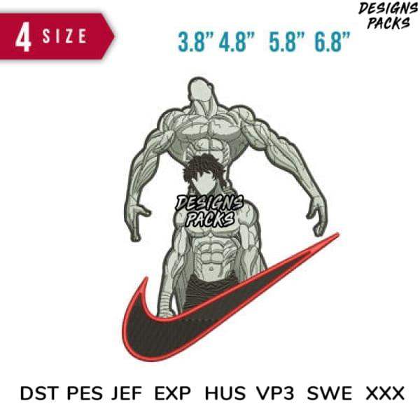 Muscular anime character embroidery design with Nike swoosh, 4 sizes, DST PES formats