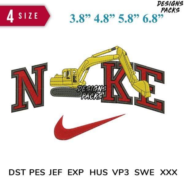 Embroidery design featuring excavator in 'NIKE' text, 4 sizes, DST PES JEF formats, print-ready