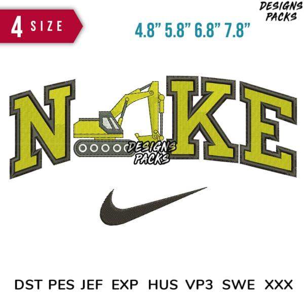 Embroidery design featuring 'NAKE' with excavator graphic, Nike swoosh, 4 sizes, DST PES formats