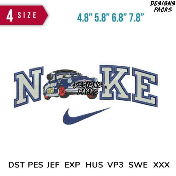 Embroidery design featuring car in 'NIKE' lettering with Swoosh, available in multiple sizes and formats