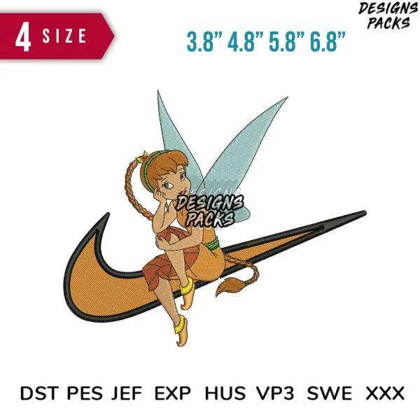 Tinkerbell fairy embroidery design on Nike swoosh, available in multiple sizes and formats