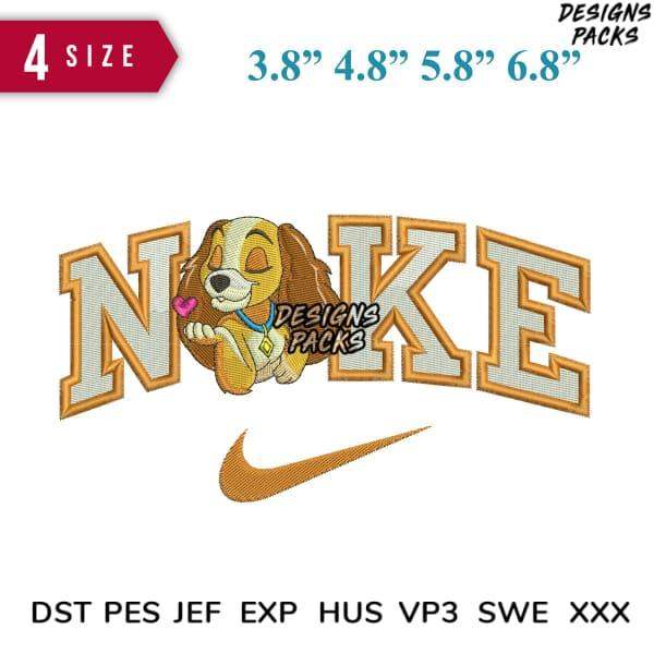 Cute dog embroidery design with 'NIKE' lettering, 4 sizes, DST PES JEF formats, instant download